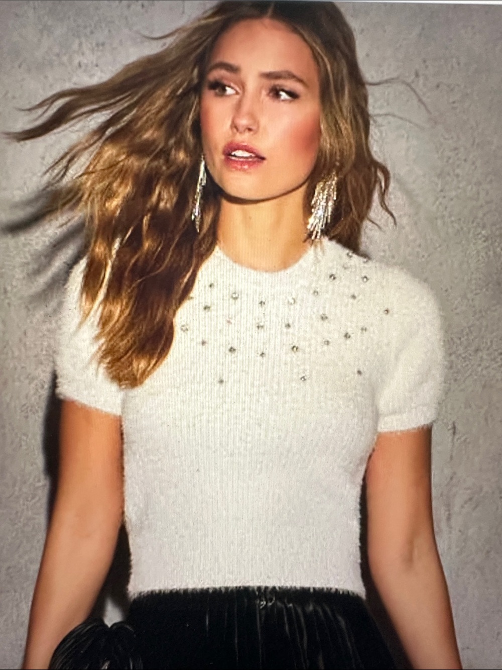 Vici Cream Fuzzy Crewneck Sweater with Crystal Studs